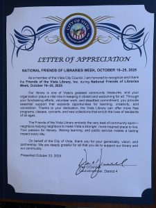 City of Vista Letter of Appreciation to FOVL